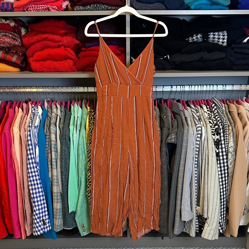 Lottie Moss brown striped adjustable strap back zipper v neck cropped jumpsuit S